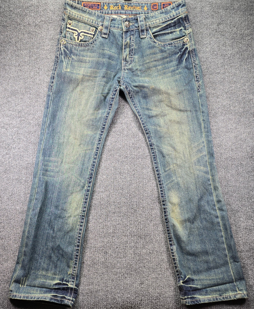 Rock Revival John Jean Mens 36x34 Straight Leg Distressed Blue Denim Flap Pocket